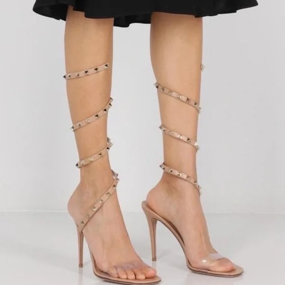 Valentino Rockstud Studded PVC Leather Wrap Strap Heels Sandals Shoes - Picture 5 of 16
